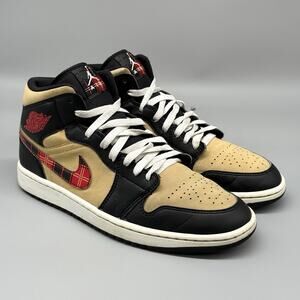 Nike Air Jordan 1 Mid SE Tartan Swoosh Black Red Sesame DZ5329 001 Men's Size 9